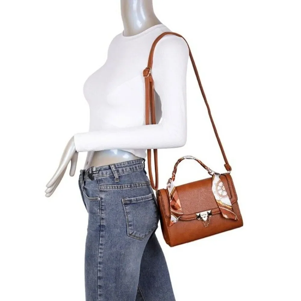 Women's Brown Scarf Satchel for Women Top Handle With Wallet Two Piece Set